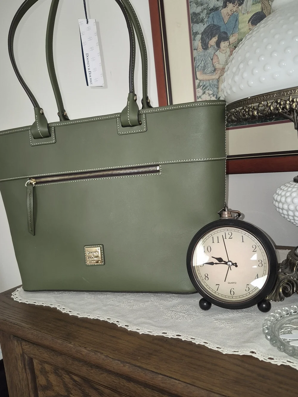 Dooney & Bourke Olive Green Beacon  Leather Tote with Front Zip Pocket